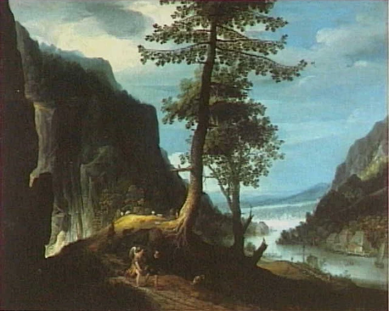 Paesaggio fluviale montuoso con Tobia e l'angelo (Tobia)